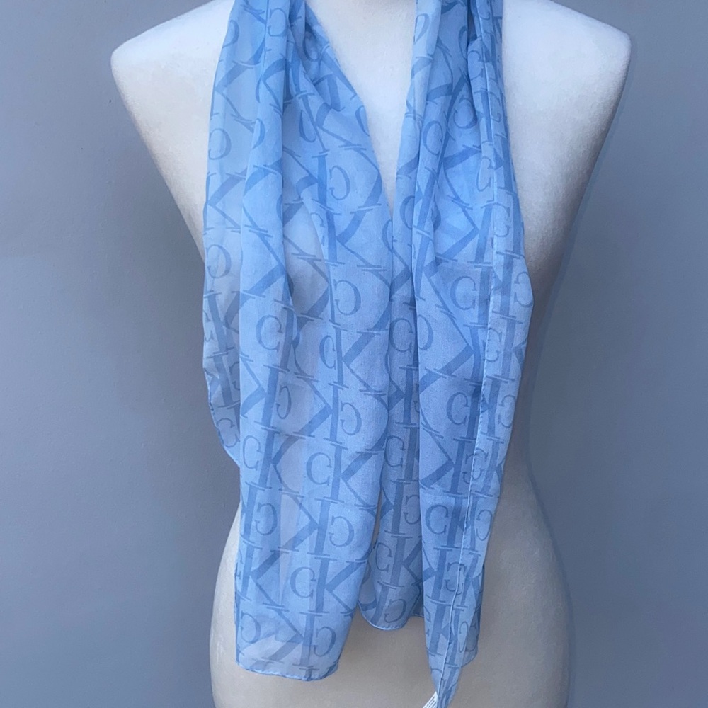 CALVIN KLEIN Sky Blue Tone on Tone Monogram Neck Handkerchief Scarf NWOT